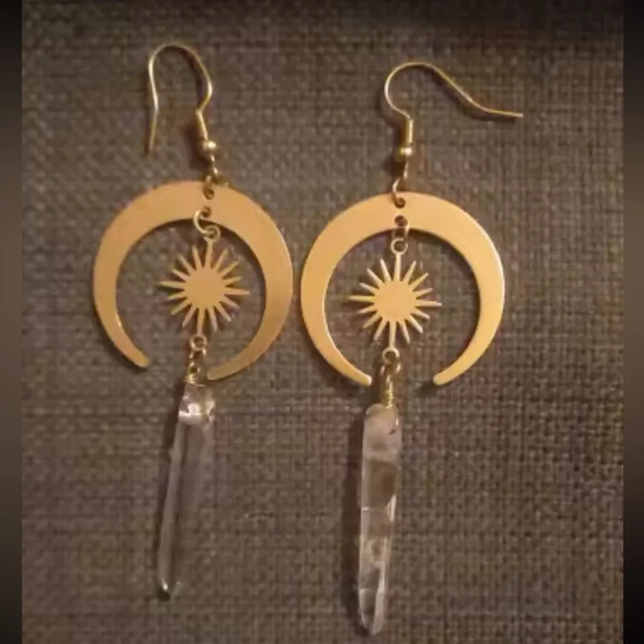 Sun Crescent Gold Natural Stone Witchy Earrings - Picture 2 of 4